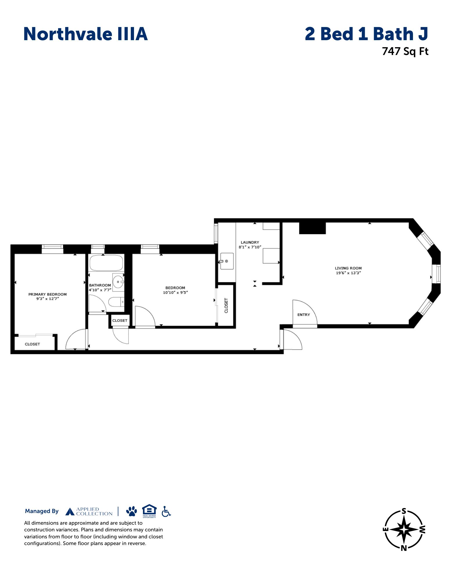 Floor plan for 2 beds, 1 bath, 747 sqft